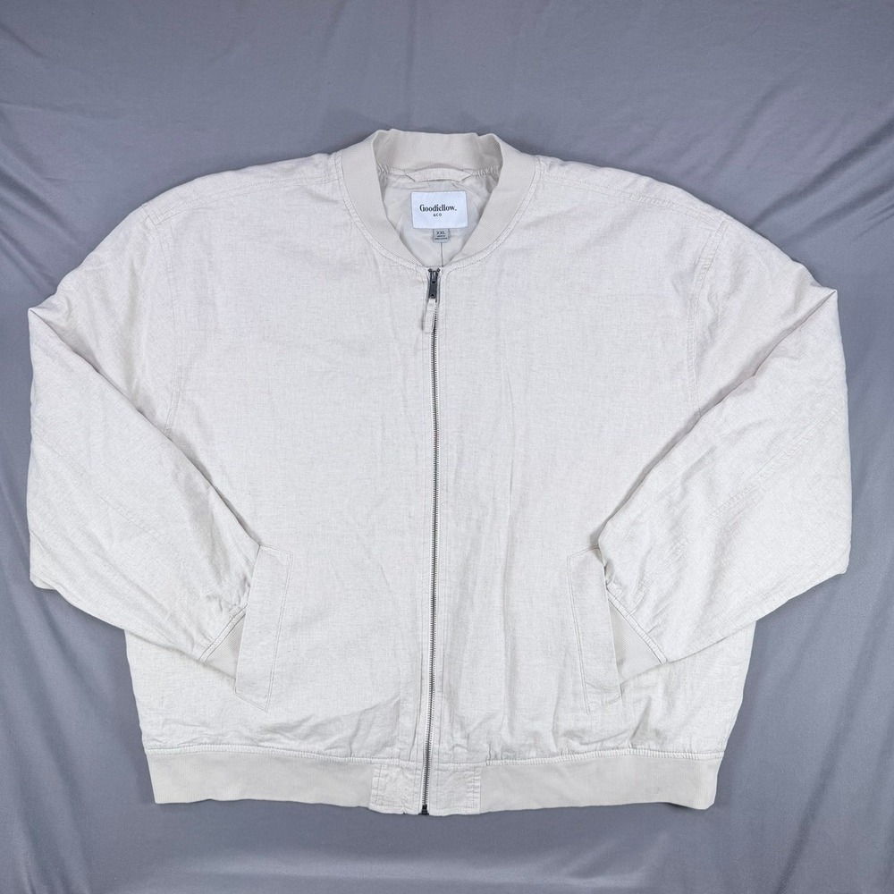 Goodfellow Mens XXL Tan Cotton Linen Varsity Bomber Jacket Full Zip Lightweight